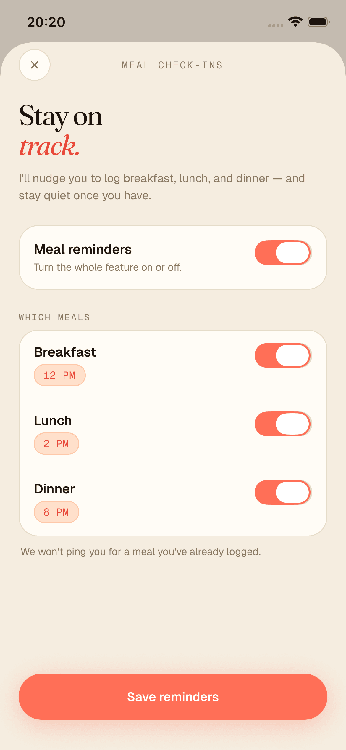 Meal reminder settings
