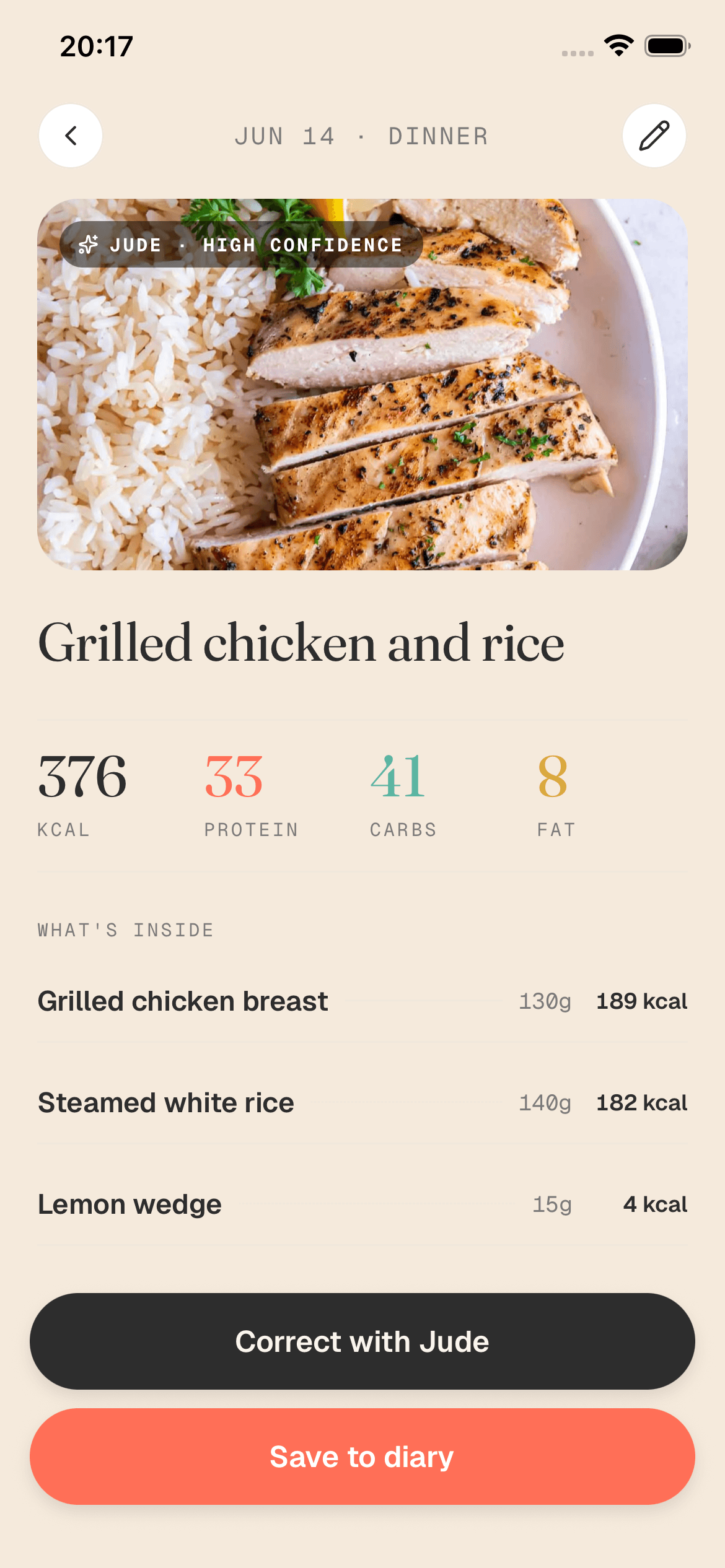 Scanned meal breakdown with calories and macros